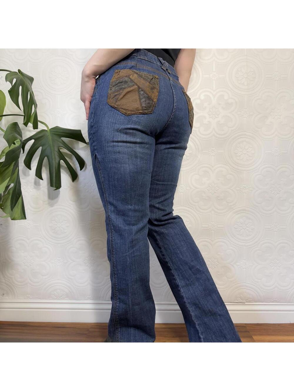 Y2K Patchwork Bootcut Dark Blue Wash Jeans Boho Western - Picture 3 of 5
